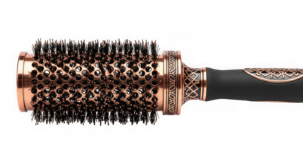 Professional hair styling round brush with copper barrel and black handle, isolated on transparent background