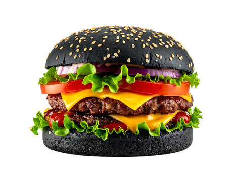 Black sesame bun burger with two patties, cheese, and toppings
