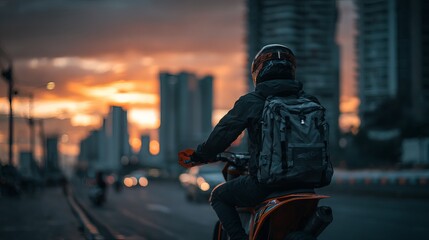 Adventurous motorcyclist with backpack rides through cityscape at sunset, embracing freedom and urban exploration