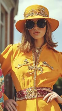 Two young Women exhibit stylish 1970s inspired outfits. They both wear sunglasses, jewelry and belts. The video captures a chic bohemian fashion and a casual lifestyle