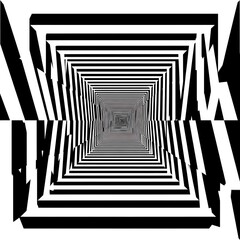 Obraz premium A captivating black and white optical illusion design showcasing a converging tunnel effect, with repeating squares and lines creating a sense of depth and perspective.