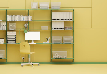 Pastel yellow monochrome minimal office table desk. Minimal idea concept for study desk and workspace. Mockup template, 3d rendering	