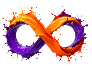 Infinity symbol formed by vibrant orange and purple paint splashes