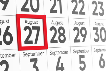 Date 27 August with red frame realistic calendar day design. Red frame shows the date August 27 3d illustration