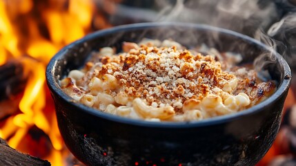 Campfire mac and cheese, a comforting meal cooked over an open flame