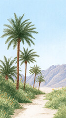 A Serene Pathway Through Lush Palm Trees Towards Majestic Mountains Under a Clear Sky, Capturing the Tranquil Beauty of Nature in a Vibrant Watercolor Landscape