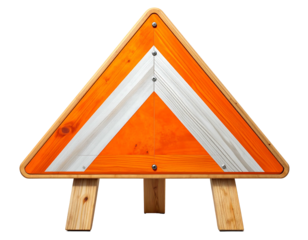 Orange and white triangular sign on wooden legs