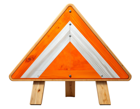 Orange and white triangular sign on wooden legs