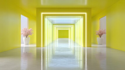 Bright Yellow Corridor with Receding Arches Cinematic HDR Lighting White Planters and Cherry Blossoms