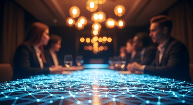 A group of business professionals sit at a long table with a digital network overlay, illuminated by warm, blurred lighting.