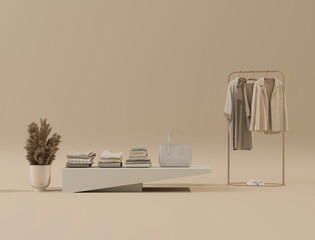 Clothes on neutral background, shelf on cream backdrop, dry plant pot. Fall winter  collection of clothes hanging on rack in beige tones. 3D rendering, store and bedroom concept