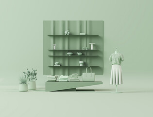 Clothes on green background, shelf on pastel backdrop, dry plant pot. Fall winter  collection of clothes hanging on rack in beige tones. 3D rendering, store and bedroom concept