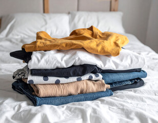 A neatly folded pile of colorful casual clothes on a white bed, ready for organizing. Concept of laundry day, decluttering, and a tidy home
