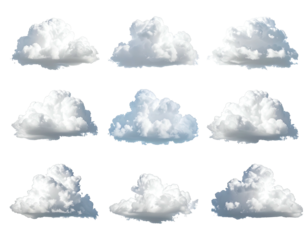 Twelve stylized white clouds, various shapes, on a black background
