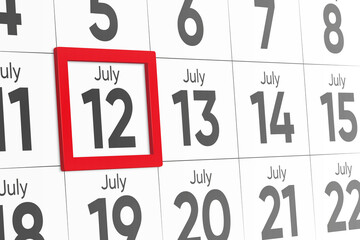 Date 12 July with red frame realistic calendar day design. Red frame shows the date July 12 3d illustration