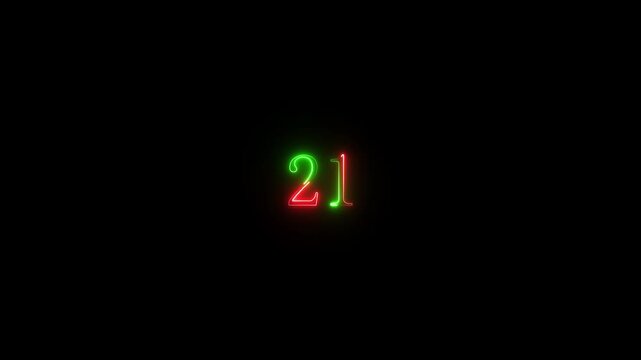 Neon text number 21 countdown icon background 4k animation . Neon dial 21 icon glowing black background animation, with Bright neon glowing number 21.