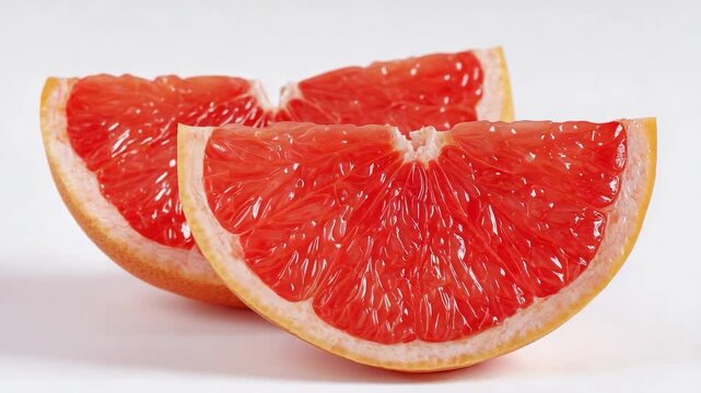 Two grapefruit wedges with pink-red flesh.