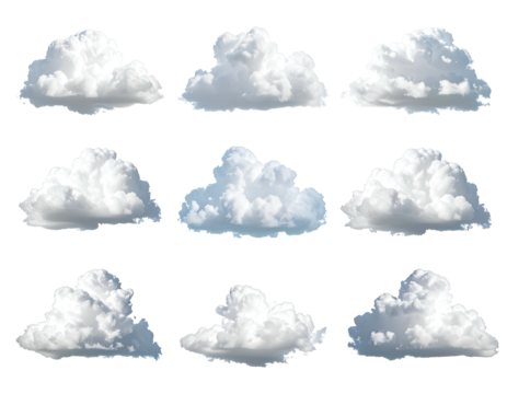 Twelve stylized white clouds, various shapes, on a black background