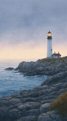 Naklejka premium Breathtaking Lighthouse at Sunset: A Coastal Escape with Scenic Views Over Water and Rocks, Perfect for Nature Lovers and Travelers Seeking Serenity and Inspiration