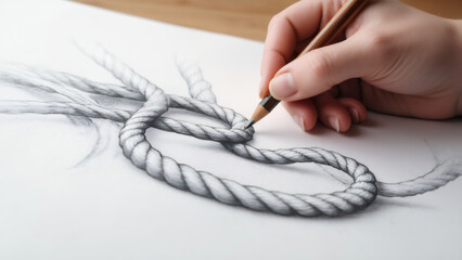 Hand drawing a realistic rope knot with a pencil on white paper.