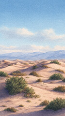 Serene Desert Landscape: A Captivating View of Sandy Dunes and Mountainous Backdrop Under a Clear Blue Sky