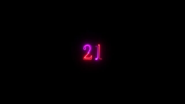 Neon text number 21 countdown icon background 4k animation . Neon dial 21 icon glowing black background animation, with Bright neon glowing number 21.