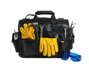Black leather tool bag filled with assorted hand tools, safety glasses, and yellow work gloves