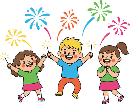 Cartoon Kids Holding Sparklers with Fireworks &ndash; Happy Children Celebration Vector Illustration