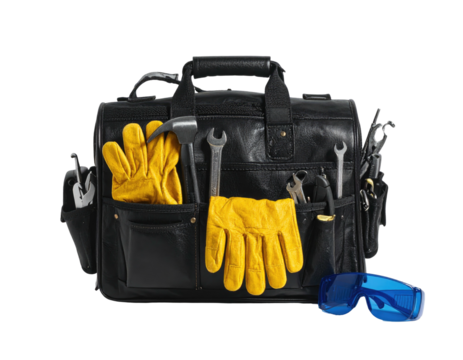 Black leather tool bag filled with assorted hand tools, safety glasses, and yellow work gloves