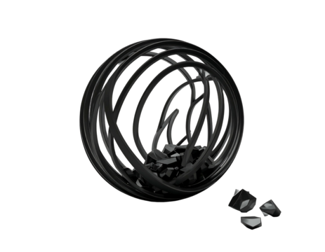 Abstract black sphere with swirling, layered lines and small fragments