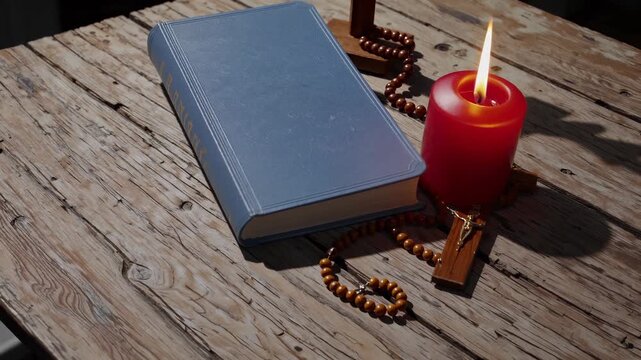 Red candle and closed gospel book on table. Cross and rosary near gospel. Candle flame flickers. Prayer and faith symbols. Religion and gospel details. Rosary with wooden cross. Wood table background