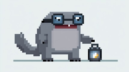Fototapeta premium Pixel art creature with glasses and lantern