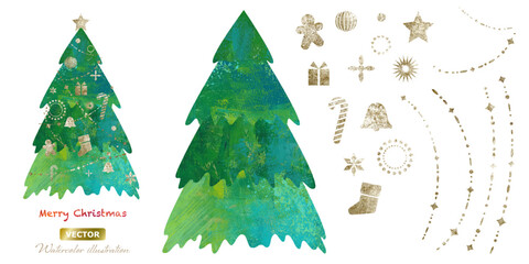 ペイントテクスチャのグリーンのクリスマスツリーと、ゴールドのオーナメントのイラストセット。（ベクター）
