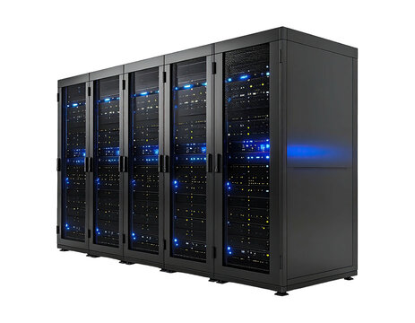 Server racks with glowing blue lights inside