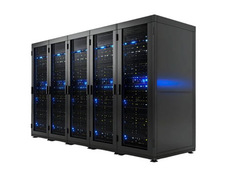 Server racks with glowing blue lights inside