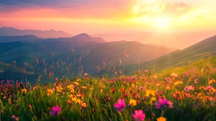 Fototapeta premium A vibrant summer sunset behind rolling green hills, wildflowers glowing under the fading light, dreamy and colorful atmosphere 6