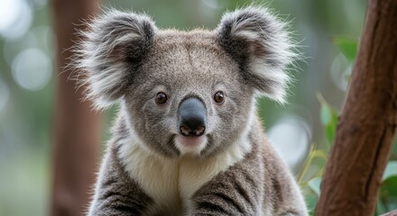 Naklejka premium Cute koala perched on a tree with eucalyptus leaves, looking curious with big round eyes in natural forest environment.