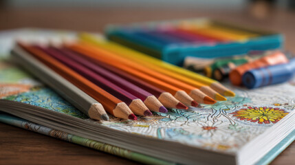 Colorful pencils arranged neatly on a sketchbook with intricate designs, surrounded by art supplies and a vibrant palette of colors in a creative workspace.