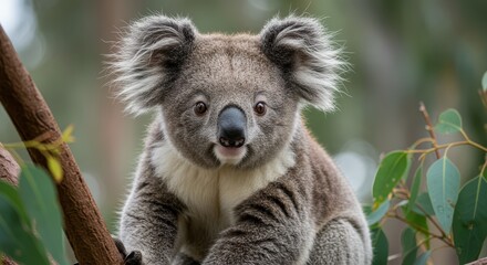 Cute koala perched on a tree with eucalyptus leaves, looking curious with big round eyes in natural forest environment.
