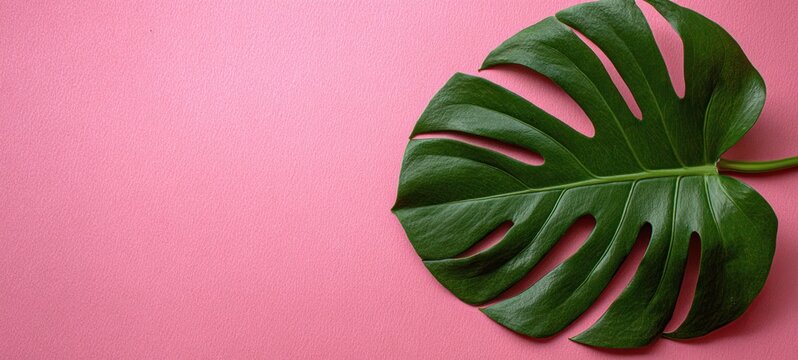 A vibrant, green monstera leaf rests on a flat, soft pink background, creating a bold contrast with negative space perfect for text overlay