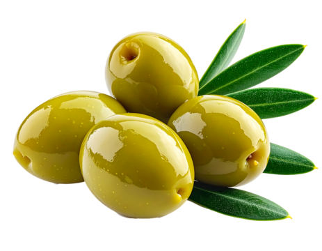 Close-up of plump, green olives with leaves