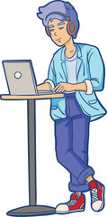 Cartoon Young Man with Laptop and Headphones Illustration