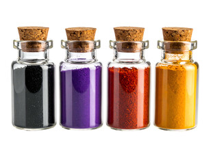 Four small glass jars with cork lids, filled with colorful powders