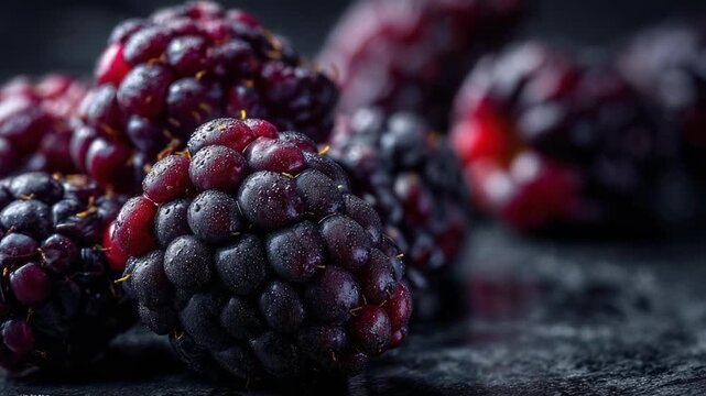Close-up of ripe blackberries on a dark textured surface.