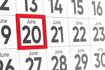 Date 20 June with red frame realistic calendar day design. Red frame shows the date June 20 3d illustration