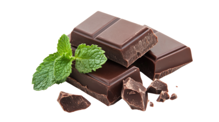 Dark chocolate pieces with mint leaves isolated on a transparent background