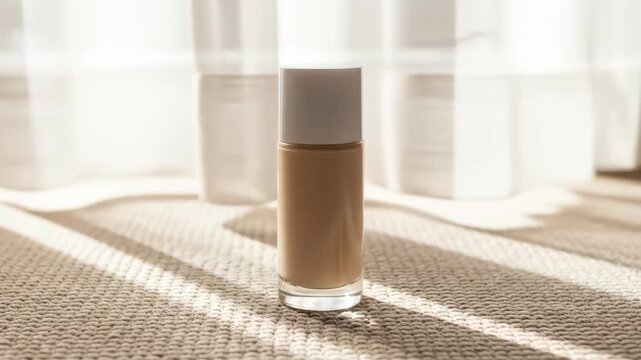 Foundation bottle on textured surface with natural sunlight. Beauty product and cosmetic concept.