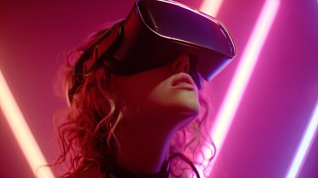 Immersive virtual reality experience captivates user with vibrant neon lights and futuristic technology, exploring new dimensions of digital engagement.