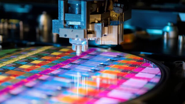 In a high-tech facility, advanced laser equipment precisely engraves colorful designs onto a silicon wafer. This intricate process showcases cutting-edge manufacturing technology