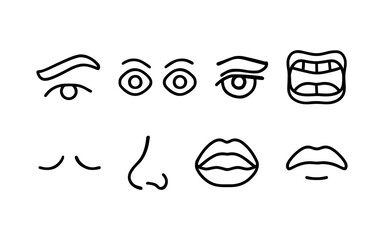 Facial features icons set. Eyes, nose, lips, expressions and emotions. Outline vector illustrations